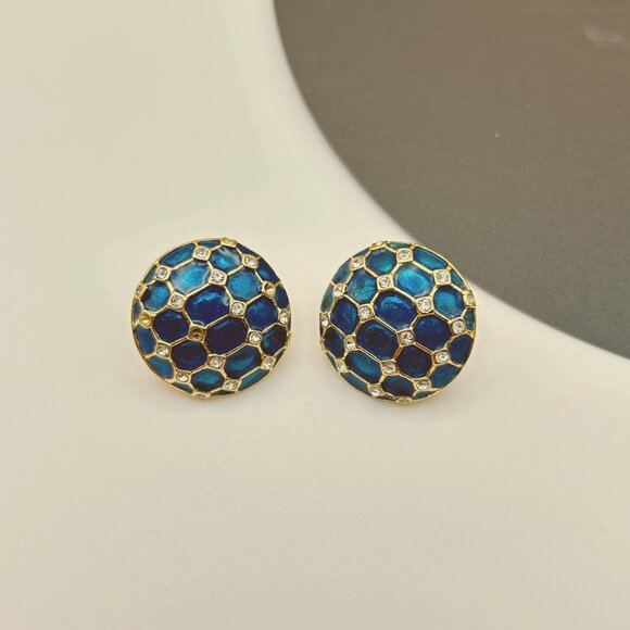 Vintage 1980s Butler Clip-On Earrings, Blue-Green Enamel & Rhinestones - Picture 4 of 9